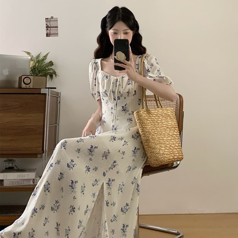 실사 빅 사이즈 여성 의류 여름 지방 mm 슈퍼 슬림해 보이는 프랑스식 레트로 꽃무늬 드레스 품격 여신 팬 꽃무늬 치마 이미지 6