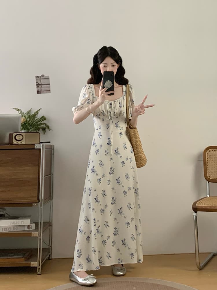 실사 빅 사이즈 여성 의류 여름 지방 mm 슈퍼 슬림해 보이는 프랑스식 레트로 꽃무늬 드레스 품격 여신 팬 꽃무늬 치마 상세 이미지 3