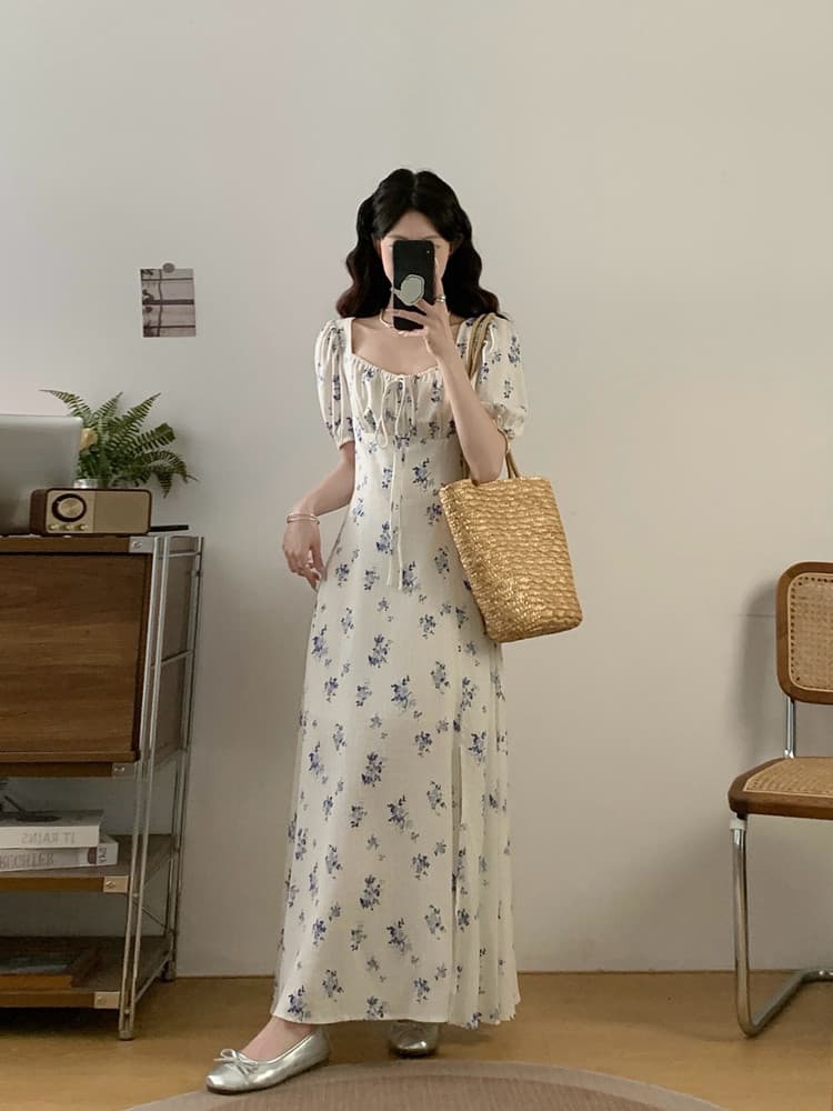 실사 빅 사이즈 여성 의류 여름 지방 mm 슈퍼 슬림해 보이는 프랑스식 레트로 꽃무늬 드레스 품격 여신 팬 꽃무늬 치마 상세 이미지 4