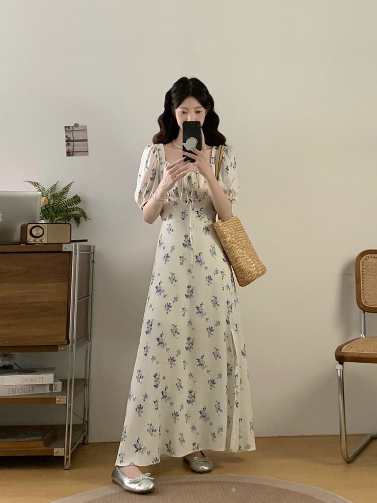 실사 빅 사이즈 여성 의류 여름 지방 mm 슈퍼 슬림해 보이는 프랑스식 레트로 꽃무늬 드레스 품격 여신 팬 꽃무늬 치마 상세 이미지 7