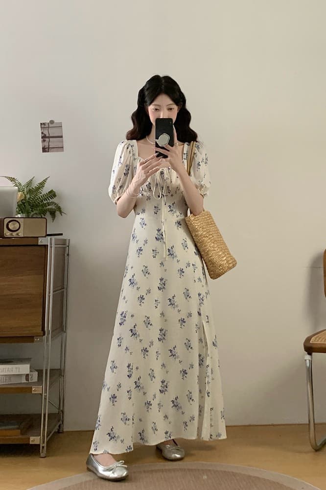 실사 빅 사이즈 여성 의류 여름 지방 mm 슈퍼 슬림해 보이는 프랑스식 레트로 꽃무늬 드레스 품격 여신 팬 꽃무늬 치마 이미지 7