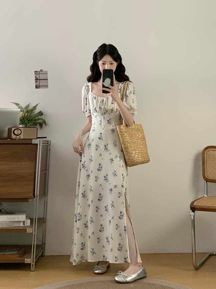 실사 빅 사이즈 여성 의류 여름 지방 mm 슈퍼 슬림해 보이는 프랑스식 레트로 꽃무늬 드레스 품격 여신 팬 꽃무늬 치마 상세 이미지 1
