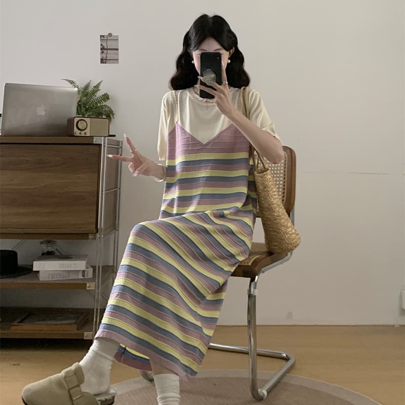 실사 빅 사이즈 여성 의류 봄 여름 새로운 지방 mm 프랑스식 품격 패치워크 페이크 레이어드 표지 배 슬림해 보이는 반팔 드레스 이미지 5