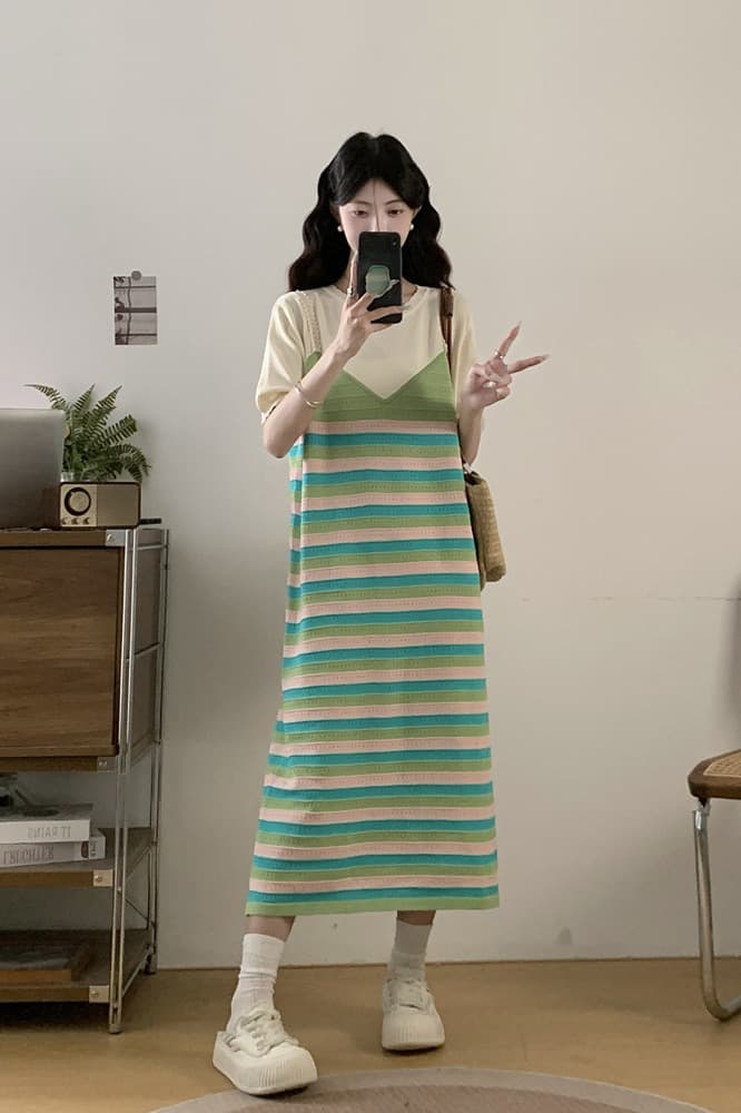 실사 빅 사이즈 여성 의류 봄 여름 새로운 지방 mm 프랑스식 품격 패치워크 페이크 레이어드 표지 배 슬림해 보이는 반팔 드레스 이미지 6