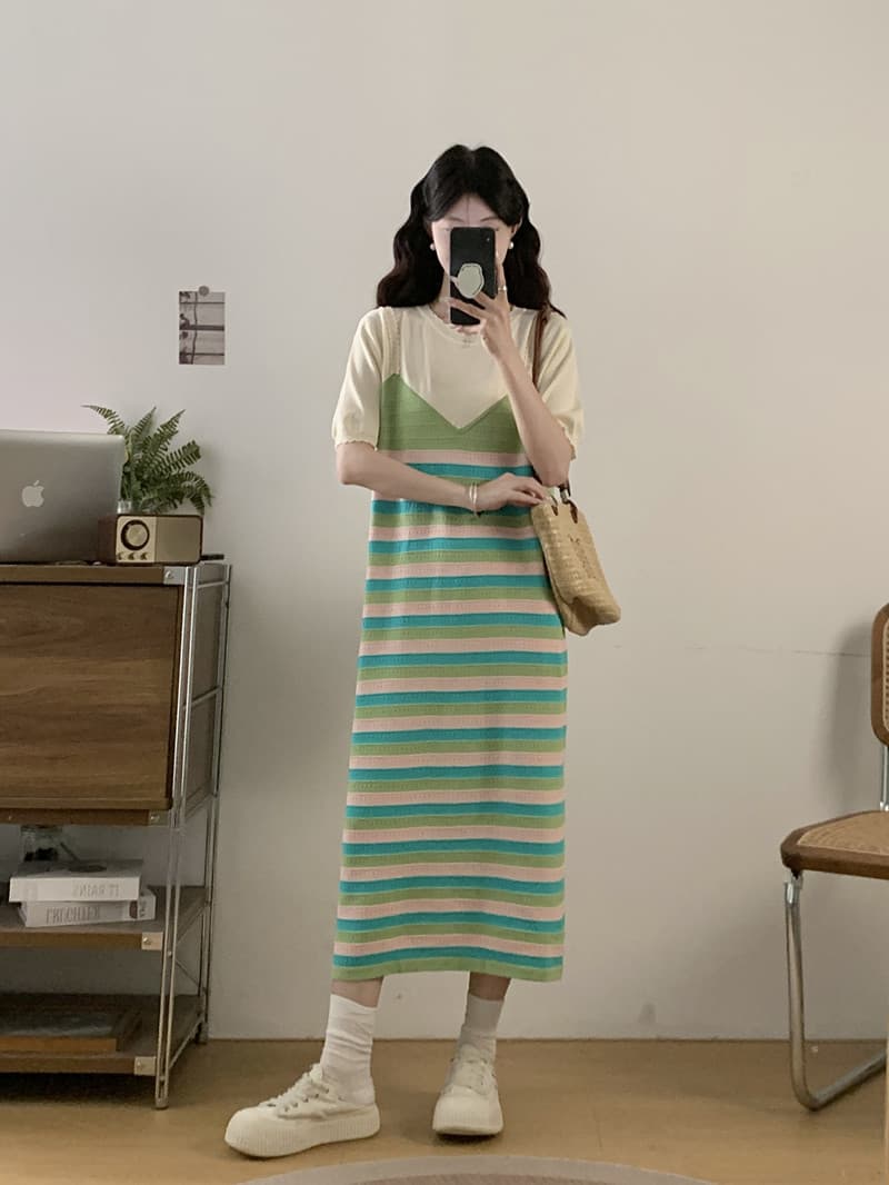 실사 빅 사이즈 여성 의류 봄 여름 새로운 지방 mm 프랑스식 품격 패치워크 페이크 레이어드 표지 배 슬림해 보이는 반팔 드레스 상세 이미지 5