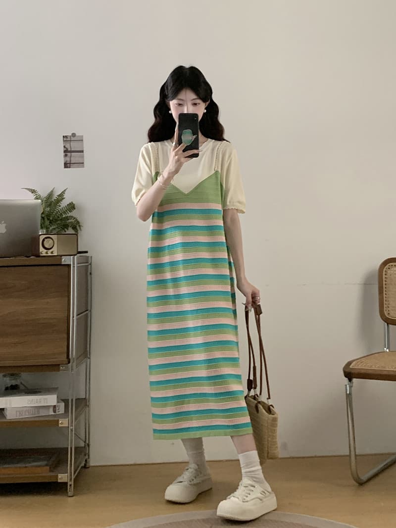 실사 빅 사이즈 여성 의류 봄 여름 새로운 지방 mm 프랑스식 품격 패치워크 페이크 레이어드 표지 배 슬림해 보이는 반팔 드레스 상세 이미지 6