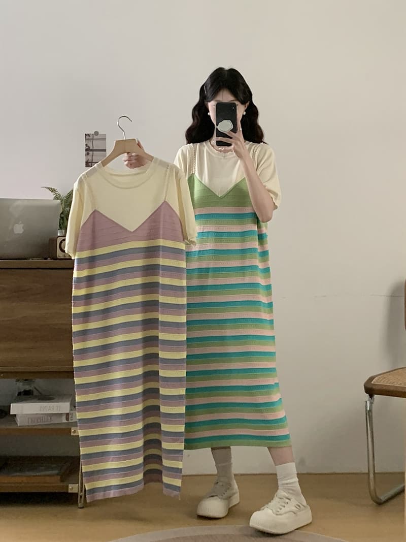 실사 빅 사이즈 여성 의류 봄 여름 새로운 지방 mm 프랑스식 품격 패치워크 페이크 레이어드 표지 배 슬림해 보이는 반팔 드레스 상세 이미지 10