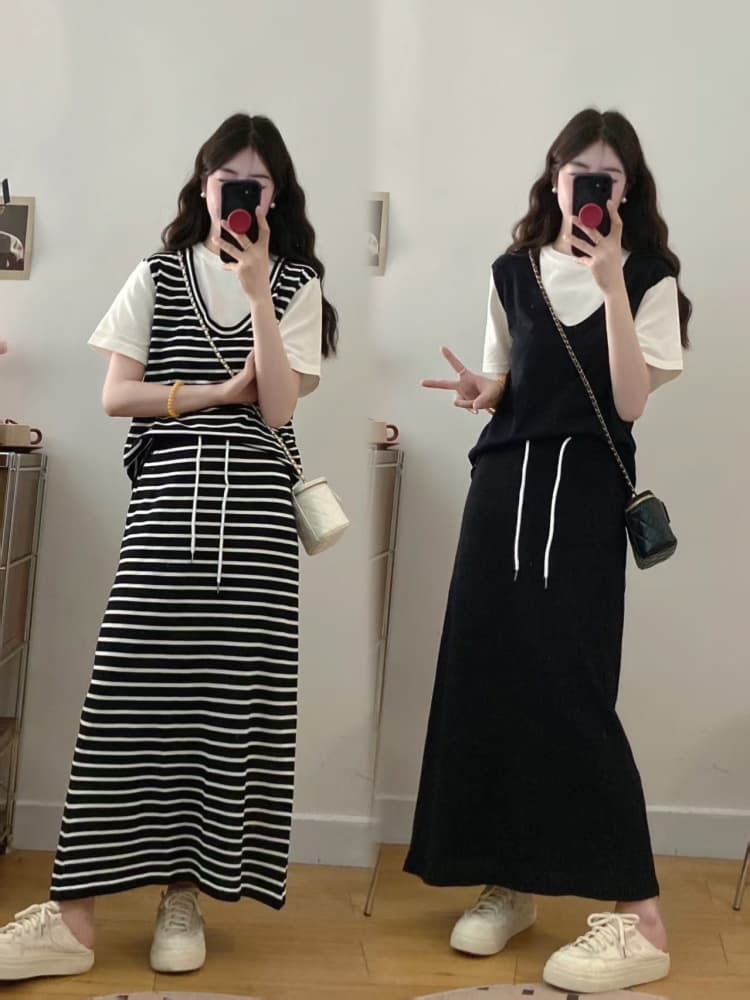 실사 빅 사이즈 여성 의류 봄 여름 페이크 레이어드 패치워크 치마 세트 지방 mm 패션 연령 감소 슬림해 보이는 니트 투피스 세트
