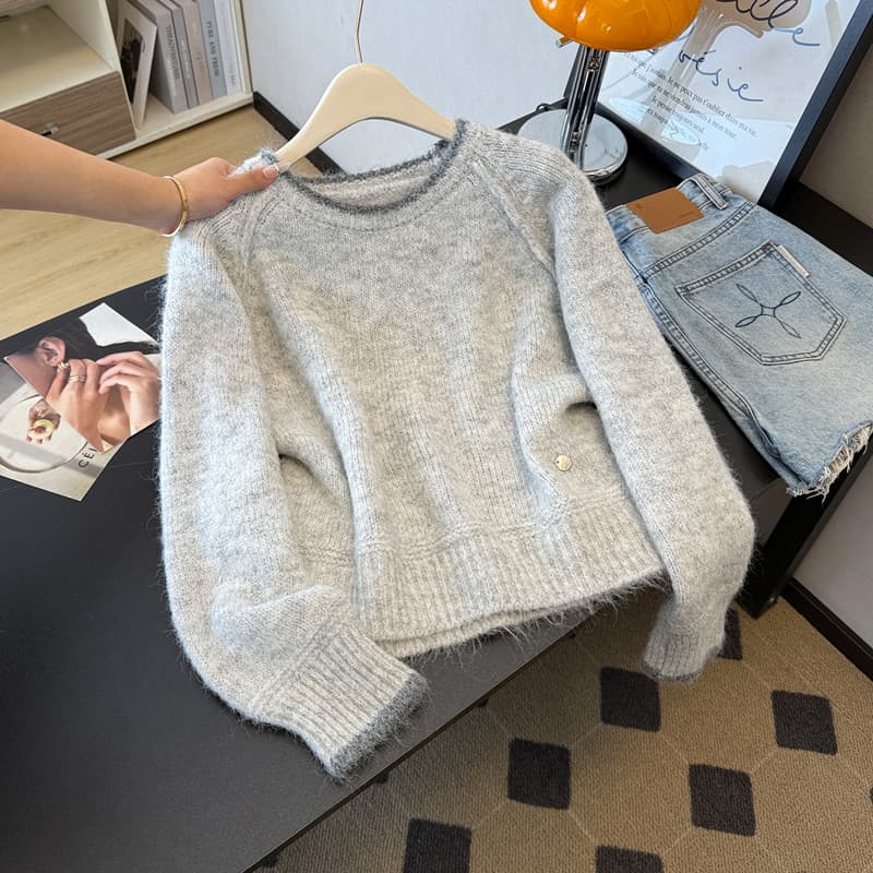 실사 빅 사이즈 여성 의류 가을 겨울 회색 스웨터 지방 mm 느긋한 바람 두꺼운 라운드 넥 인사이드 가져 가라. 니트 스웨터 쇼트 스타일 맨위 상세 이미지 5