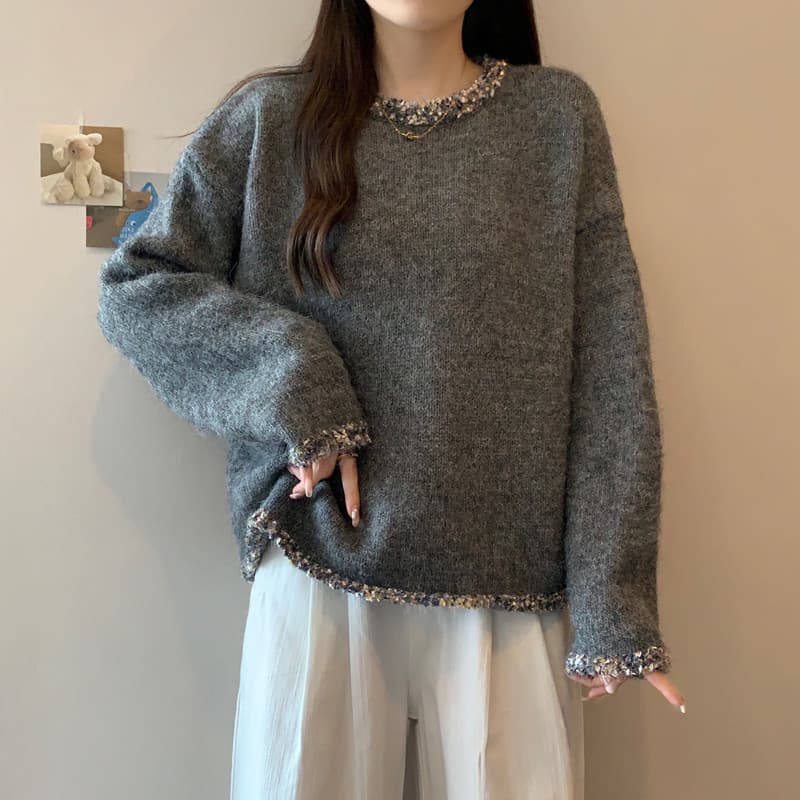 실사 빅 사이즈 여성 의류 가을 겨울 지방 mm 레트로 방직 하다 변 느긋한 바람 슬림해 보이는 풀오버 부드러운 찹쌀 니트 스웨터 맨위 이미지 5