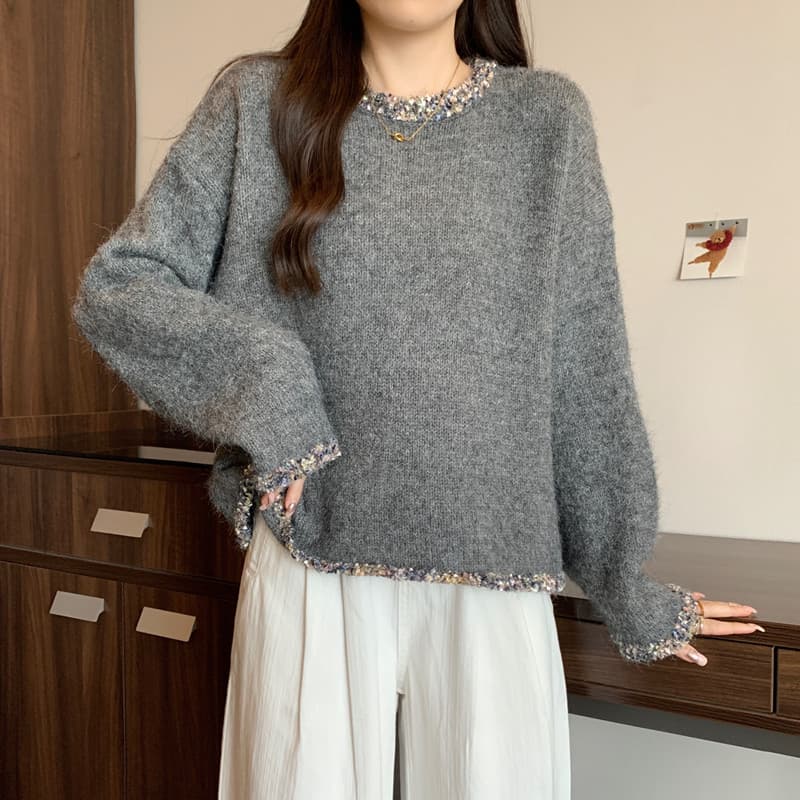 실사 빅 사이즈 여성 의류 가을 겨울 지방 mm 레트로 방직 하다 변 느긋한 바람 슬림해 보이는 풀오버 부드러운 찹쌀 니트 스웨터 맨위 상세 이미지 9