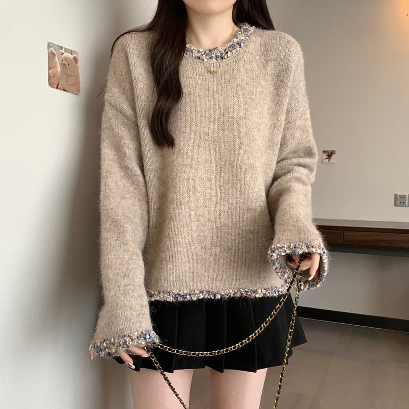 실사 빅 사이즈 여성 의류 가을 겨울 지방 mm 레트로 방직 하다 변 느긋한 바람 슬림해 보이는 풀오버 부드러운 찹쌀 니트 스웨터 맨위 상세 이미지 15