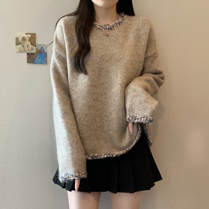 실사 빅 사이즈 여성 의류 가을 겨울 지방 mm 레트로 방직 하다 변 느긋한 바람 슬림해 보이는 풀오버 부드러운 찹쌀 니트 스웨터 맨위 상세 이미지 16