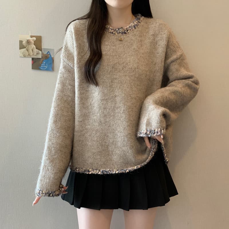 실사 빅 사이즈 여성 의류 가을 겨울 지방 mm 레트로 방직 하다 변 느긋한 바람 슬림해 보이는 풀오버 부드러운 찹쌀 니트 스웨터 맨위 상세 이미지 18