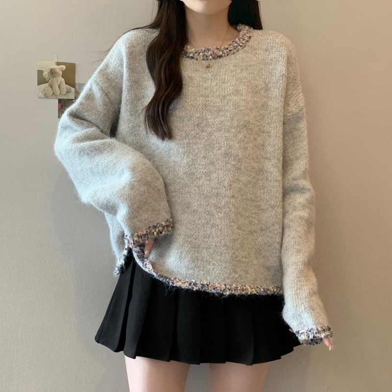 실사 빅 사이즈 여성 의류 가을 겨울 지방 mm 레트로 방직 하다 변 느긋한 바람 슬림해 보이는 풀오버 부드러운 찹쌀 니트 스웨터 맨위 상세 이미지 23