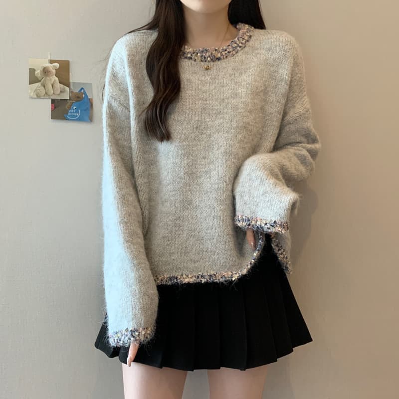 실사 빅 사이즈 여성 의류 가을 겨울 지방 mm 레트로 방직 하다 변 느긋한 바람 슬림해 보이는 풀오버 부드러운 찹쌀 니트 스웨터 맨위 상세 이미지 25