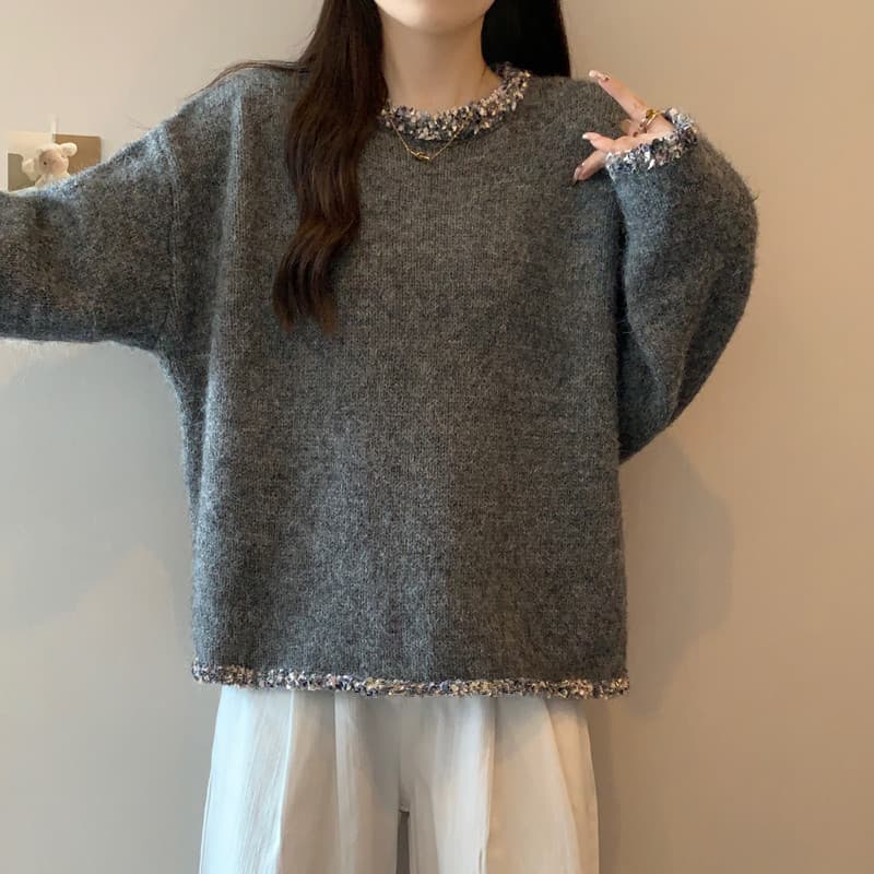 실사 빅 사이즈 여성 의류 가을 겨울 지방 mm 레트로 방직 하다 변 느긋한 바람 슬림해 보이는 풀오버 부드러운 찹쌀 니트 스웨터 맨위 상세 이미지 12