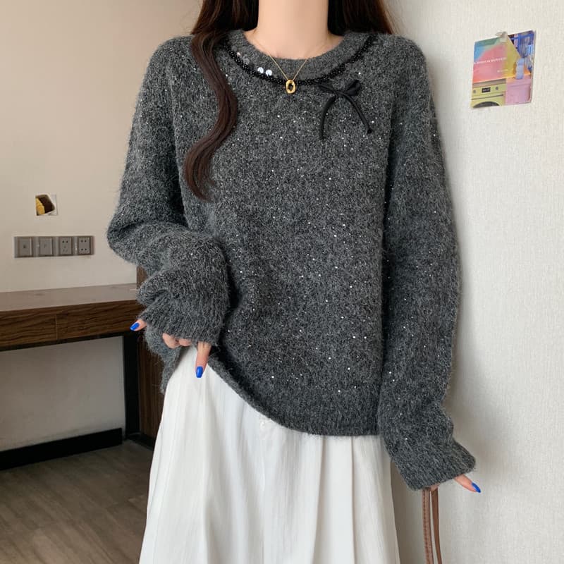 실사 빅 사이즈 여성 의류 가을 겨울 패션 구슬 조각 다용도 스웨터 지방 mm 나비 매듭 디자인 센스 슬림해 보이는 니트 맨위 상세 이미지 8