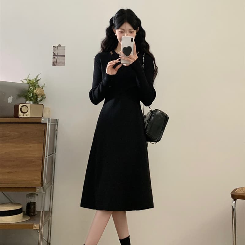 실사 빅 사이즈 여성 의류 가을 겨울 표지 고기 슬림해 보이는 작은 검은 드레스 지방 mm 부드러운 바람 허리 수축 만나는 니트 드레스 이미지 6