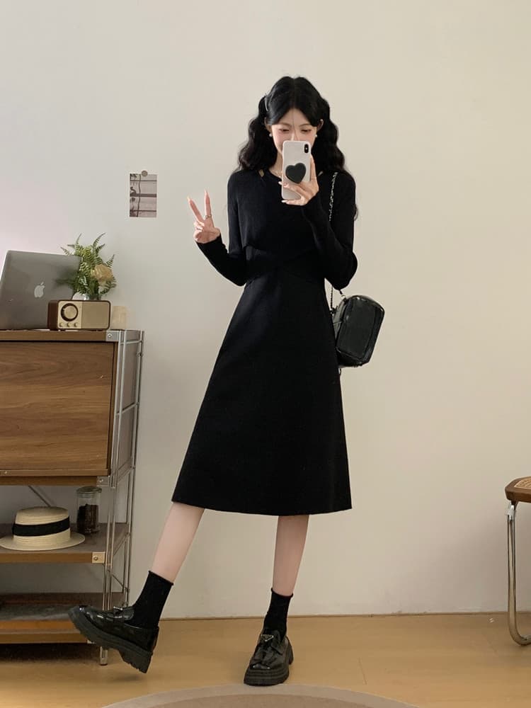 실사 빅 사이즈 여성 의류 가을 겨울 표지 고기 슬림해 보이는 작은 검은 드레스 지방 mm 부드러운 바람 허리 수축 만나는 니트 드레스 이미지 5