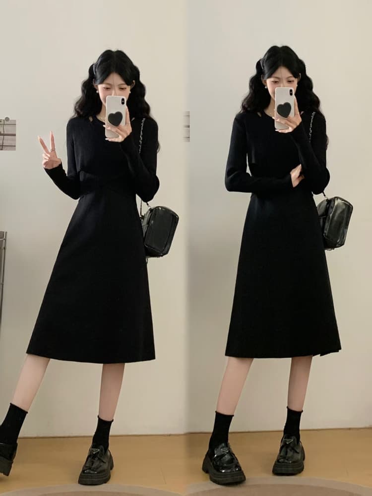 실사 빅 사이즈 여성 의류 가을 겨울 표지 고기 슬림해 보이는 작은 검은 드레스 지방 mm 부드러운 바람 허리 수축 만나는 니트 드레스 이미지 2