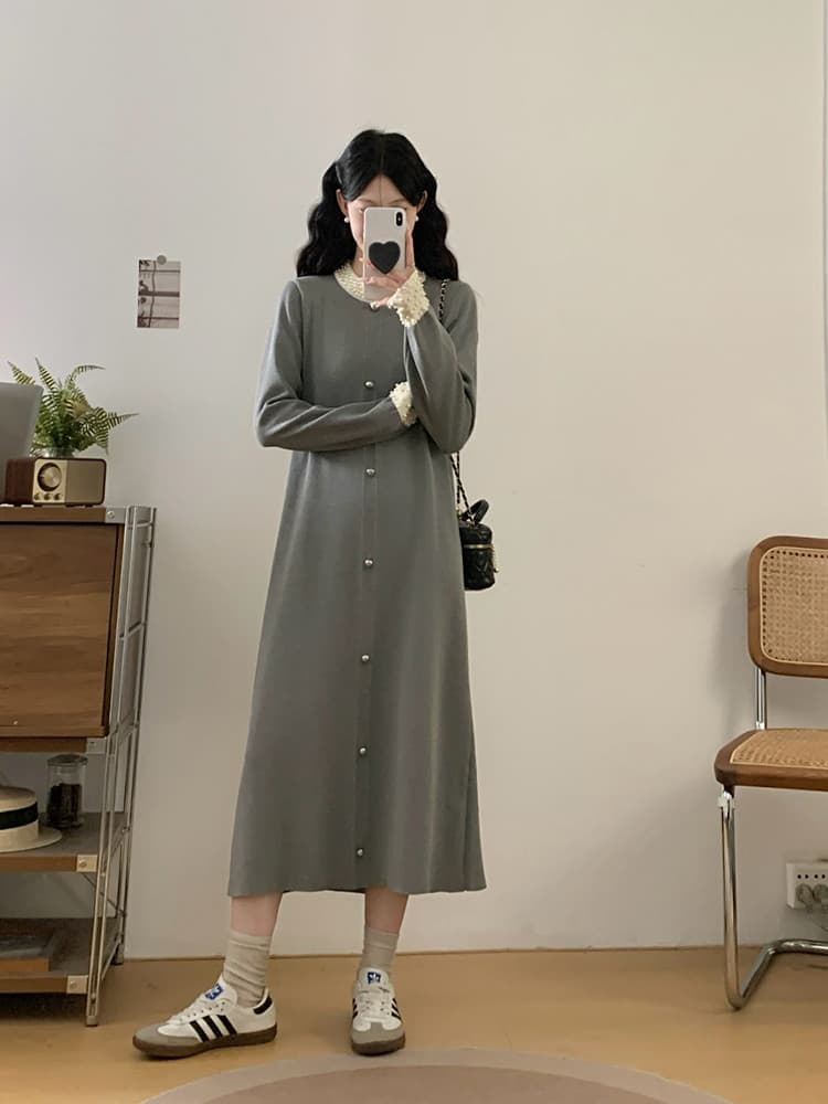 실사 빅 사이즈 여성 의류 무거운 작업 진주 니트 롱 스커트 가을 겨울 프랑스식 작은 샤넬 스타일 만나는 외출용 슬림해 보이는 드레스 상세 이미지 21