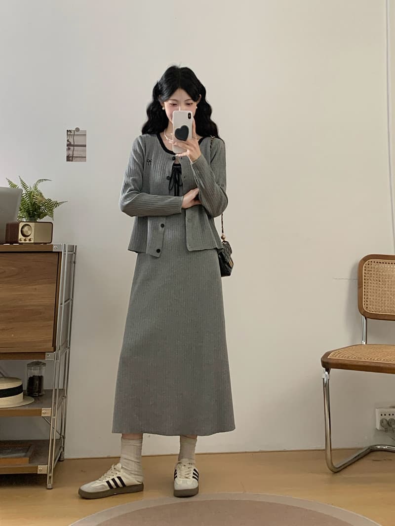 실사 빅 사이즈 여성 의류 가을 겨울 디자인 센스 배색 레이스업 니트 슬립 드레스 오픈 가디건 슬림해 보이는 투피스 세트 상세 이미지 22