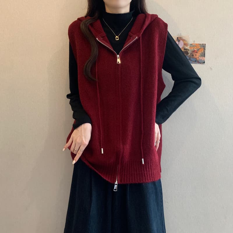 실사 빅 사이즈 여성 의류 봄 지방 mm 패션 더블 지퍼 후드 베스트 루즈핏 슬림해 보이는 스택 착용 스웨터 코트 상세 이미지 5