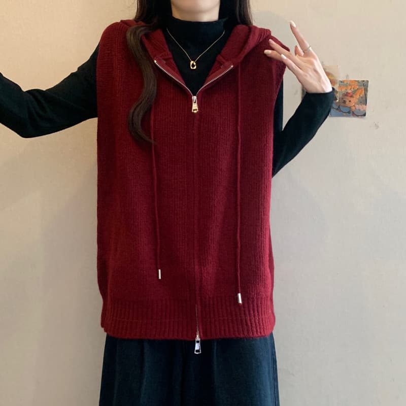 실사 빅 사이즈 여성 의류 봄 지방 mm 패션 더블 지퍼 후드 베스트 루즈핏 슬림해 보이는 스택 착용 스웨터 코트 상세 이미지 10