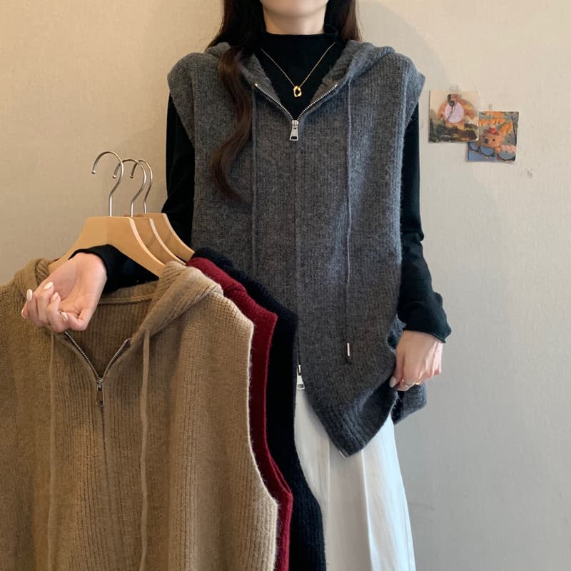 실사 빅 사이즈 여성 의류 봄 지방 mm 패션 더블 지퍼 후드 베스트 루즈핏 슬림해 보이는 스택 착용 스웨터 코트 상세 이미지 18