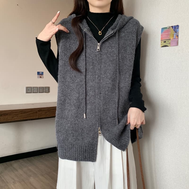 실사 빅 사이즈 여성 의류 봄 지방 mm 패션 더블 지퍼 후드 베스트 루즈핏 슬림해 보이는 스택 착용 스웨터 코트 상세 이미지 21