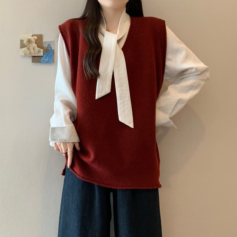 실사 빅 사이즈 여성 의류 가을 겨울 지방 mm 한 부서 볼륨 측면 V넥 베스트 루즈핏 슬림해 보이는 스택 착용 다용도 조끼 맨위 이미지 4
