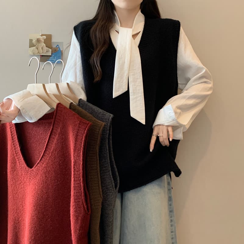 실사 빅 사이즈 여성 의류 가을 겨울 지방 mm 한 부서 볼륨 측면 V넥 베스트 루즈핏 슬림해 보이는 스택 착용 다용도 조끼 맨위 상세 이미지 2