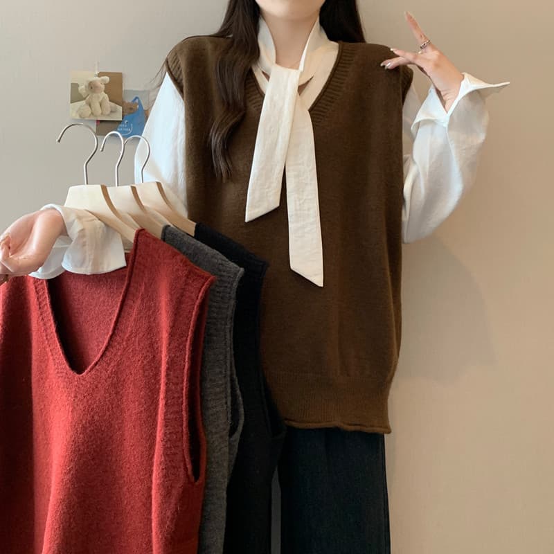실사 빅 사이즈 여성 의류 가을 겨울 지방 mm 한 부서 볼륨 측면 V넥 베스트 루즈핏 슬림해 보이는 스택 착용 다용도 조끼 맨위 상세 이미지 6