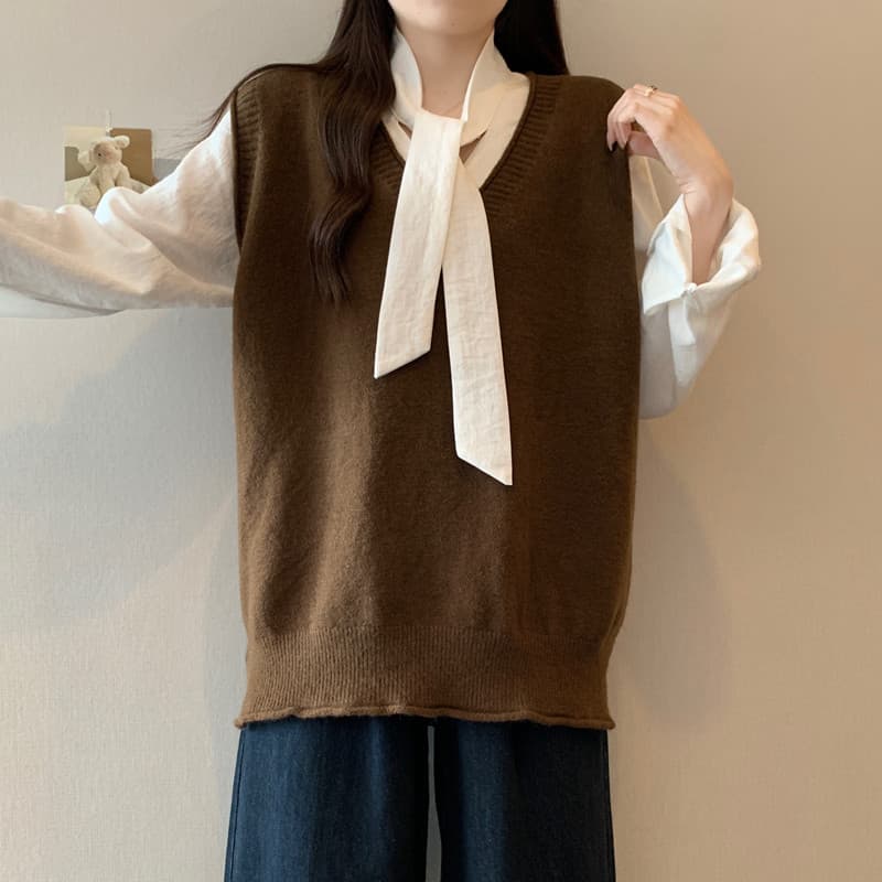 실사 빅 사이즈 여성 의류 가을 겨울 지방 mm 한 부서 볼륨 측면 V넥 베스트 루즈핏 슬림해 보이는 스택 착용 다용도 조끼 맨위 상세 이미지 8