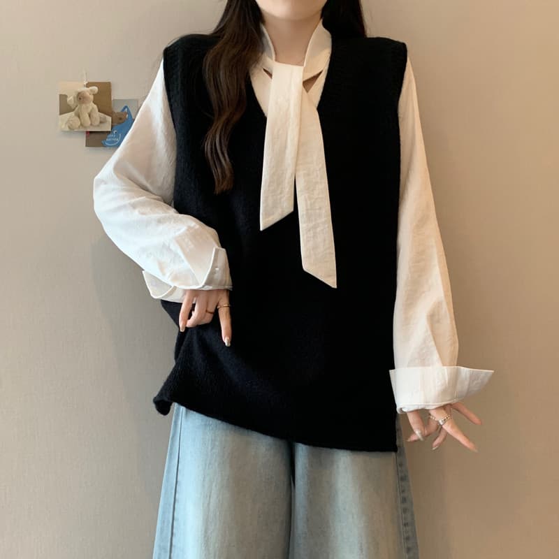 실사 빅 사이즈 여성 의류 가을 겨울 지방 mm 한 부서 볼륨 측면 V넥 베스트 루즈핏 슬림해 보이는 스택 착용 다용도 조끼 맨위 상세 이미지 13
