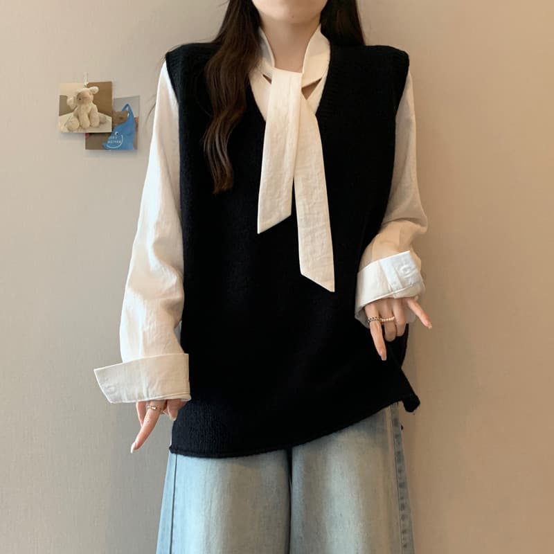 실사 빅 사이즈 여성 의류 가을 겨울 지방 mm 한 부서 볼륨 측면 V넥 베스트 루즈핏 슬림해 보이는 스택 착용 다용도 조끼 맨위 상세 이미지 20