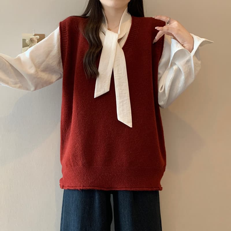 실사 빅 사이즈 여성 의류 가을 겨울 지방 mm 한 부서 볼륨 측면 V넥 베스트 루즈핏 슬림해 보이는 스택 착용 다용도 조끼 맨위 상세 이미지 26