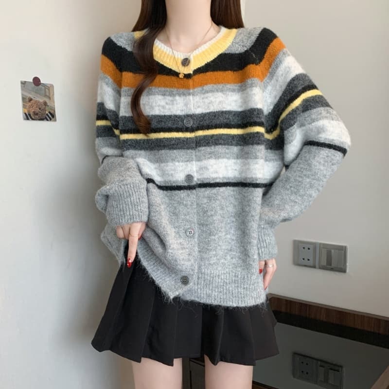 실사 빅 사이즈 여성 의류 봄 새로운 스트라이프 느긋한 오픈 가디건 스웨터 레트로 배색 품격 니트 스웨터 맨위 상세 이미지 16