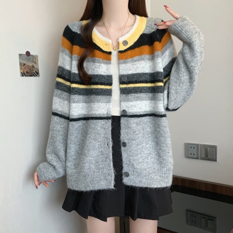 실사 빅 사이즈 여성 의류 봄 새로운 스트라이프 느긋한 오픈 가디건 스웨터 레트로 배색 품격 니트 스웨터 맨위 상세 이미지 17