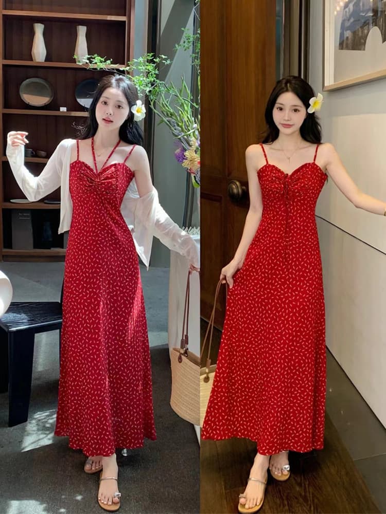 실사 빅 사이즈 여성 의류 슬립 튜브탑 드레스 지방 mm 표지 배 빨간색 스트랩 슬림해 보이는 롱 스커트 투피스 세트