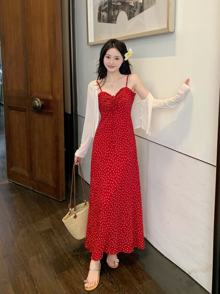 실사 빅 사이즈 여성 의류 슬립 튜브탑 드레스 지방 mm 표지 배 빨간색 스트랩 슬림해 보이는 롱 스커트 투피스 세트 이미지 4