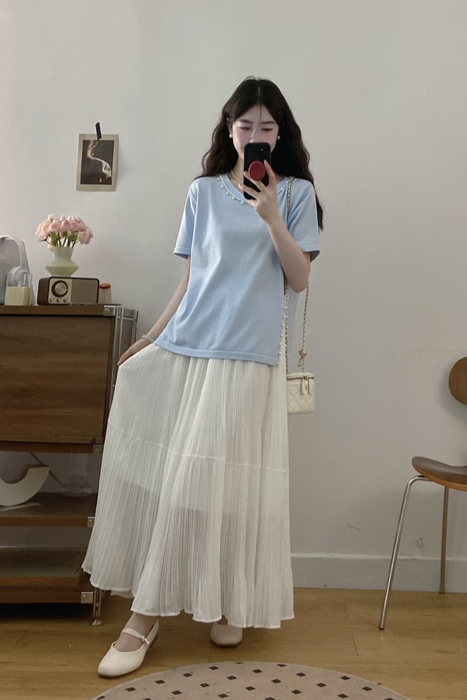 실사 빅 사이즈 여성 의류 지방 mm 봄 여름 트임 비즈 박기 반팔 티셔츠 한 마디 플리츠 큰 진자 롱 스커트 슬림해 보이는 투피스 세트 이미지 6