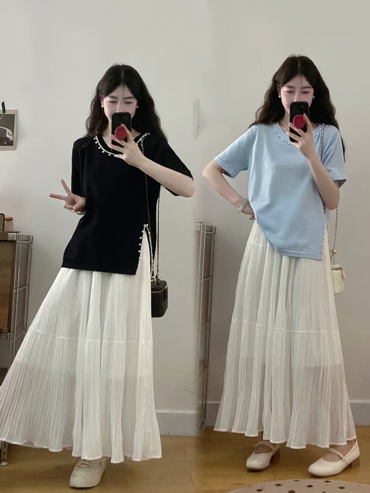 실사 빅 사이즈 여성 의류 지방 mm 봄 여름 트임 비즈 박기 반팔 티셔츠 한 마디 플리츠 큰 진자 롱 스커트 슬림해 보이는 투피스 세트