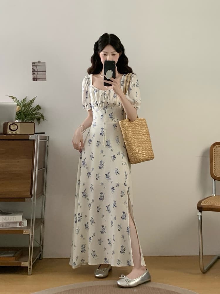 실사 빅 사이즈 여성 의류 여름 지방 mm 슈퍼 슬림해 보이는 프랑스식 레트로 꽃무늬 드레스 품격 여신 팬 꽃무늬 치마 이미지 2