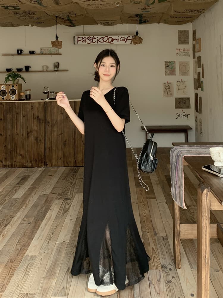 실사 빅 사이즈 여성 의류 여름 레이스 조각 인어 꼬리 드레스 지방 mm 품격 표지 고기 슬림해 보이는 티셔츠 롱 스커트 이미지 3