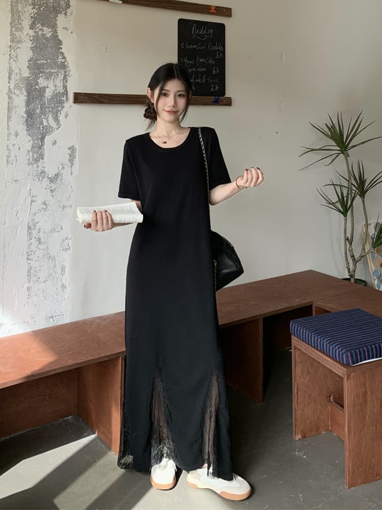 실사 빅 사이즈 여성 의류 여름 레이스 조각 인어 꼬리 드레스 지방 mm 품격 표지 고기 슬림해 보이는 티셔츠 롱 스커트 이미지 4