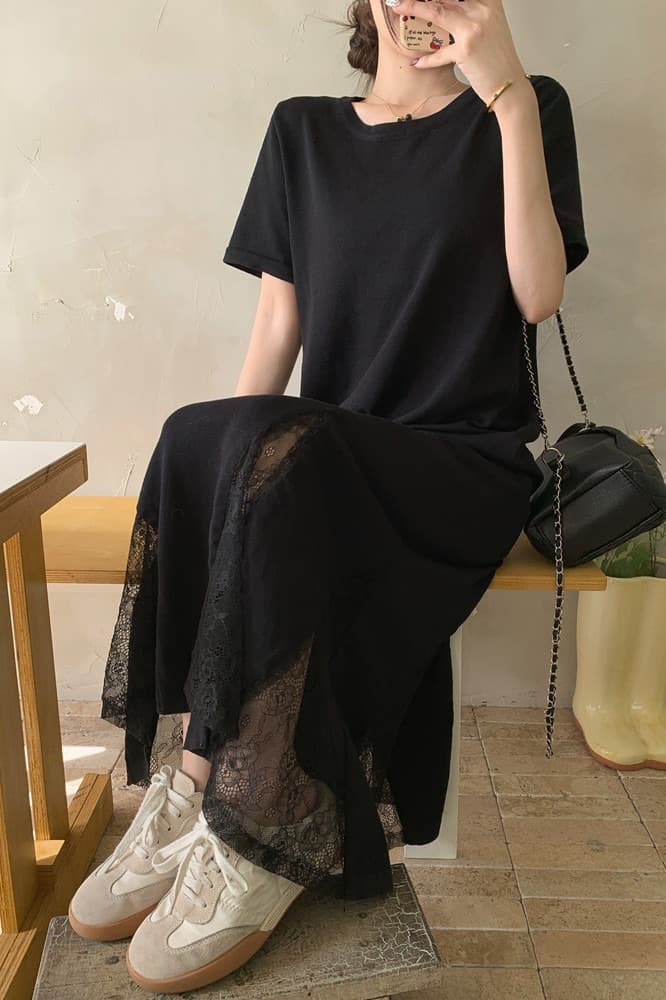 실사 빅 사이즈 여성 의류 여름 레이스 조각 인어 꼬리 드레스 지방 mm 품격 표지 고기 슬림해 보이는 티셔츠 롱 스커트 이미지 6