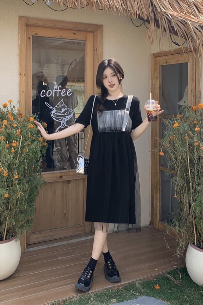 실사 빅 사이즈 여성 의류 지방 mm 봄 여름 망사 패치워크 허리 수축 슬림해 보이는 표지 고기 외국 가스 연령 감소 페이크 레이어드 드레스 이미지 7