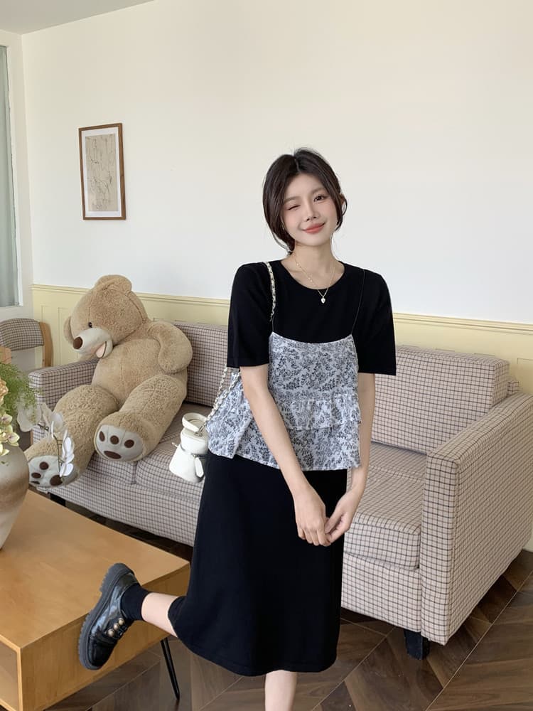 실사 빅 사이즈 여성 의류 지방 mm 프랑스식 꽃무늬 페이크 레이어드 드레스 루즈핏 디자인 센스 슬림해 보이는 표지 배 치마 이미지 2